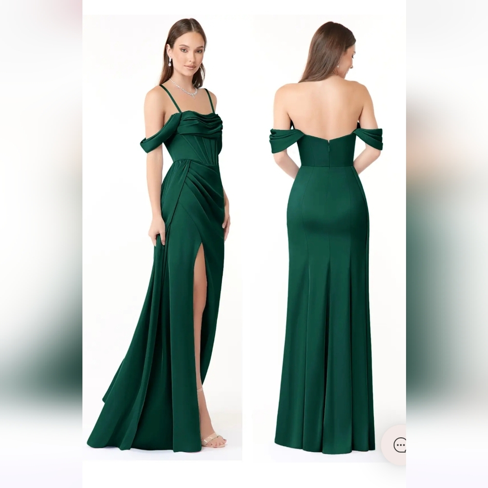 Azazie Amyra Elegant Green Off-Shoulder Evening Gown